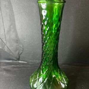 Vintage Hoosier Glass Emerald Green Glass Vase 9” Tall Quilted Diamond-HD056